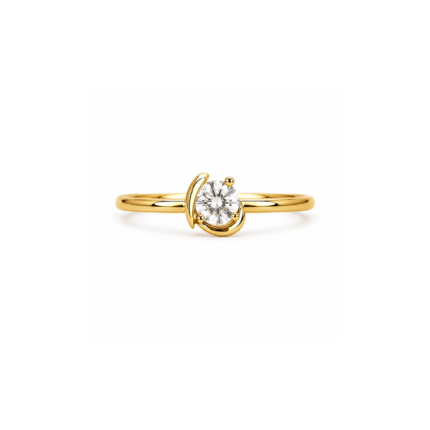 Gold-coloured ring with a round clear faceted centre stone and curved decorative setting on a white background.