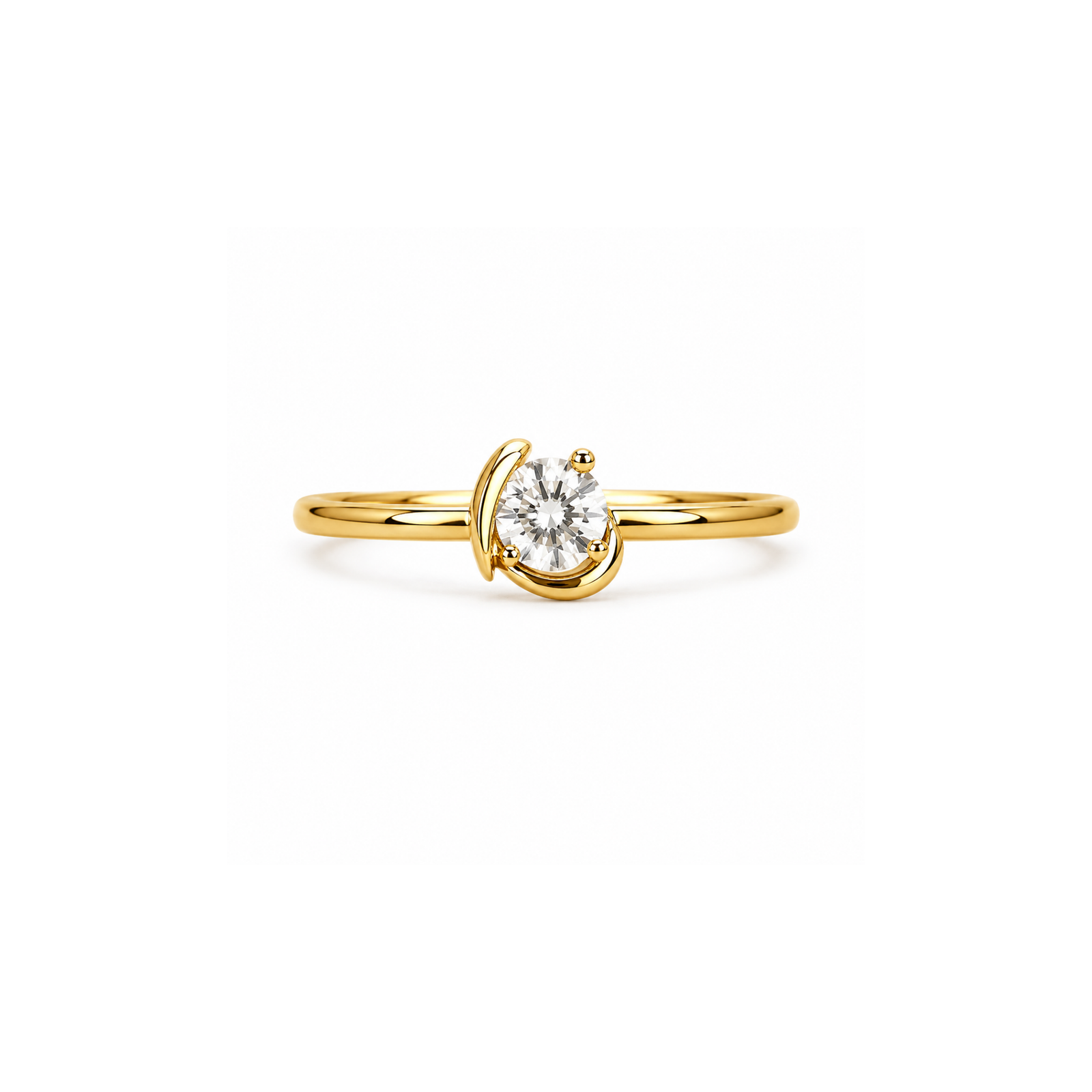 Luna Crystal Ring Gold-coloured ring with a round clear faceted centre stone and curved decorative setting on a white background.