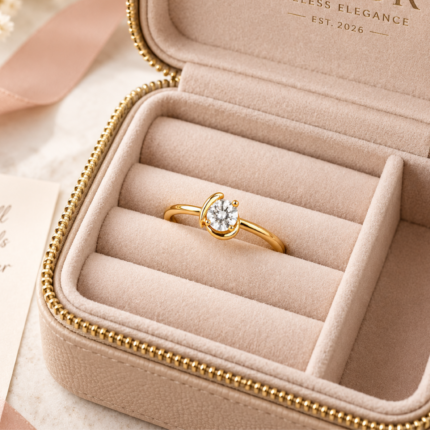 Gold-coloured ring with a round clear faceted centre stone and curved decorative setting on a white background.