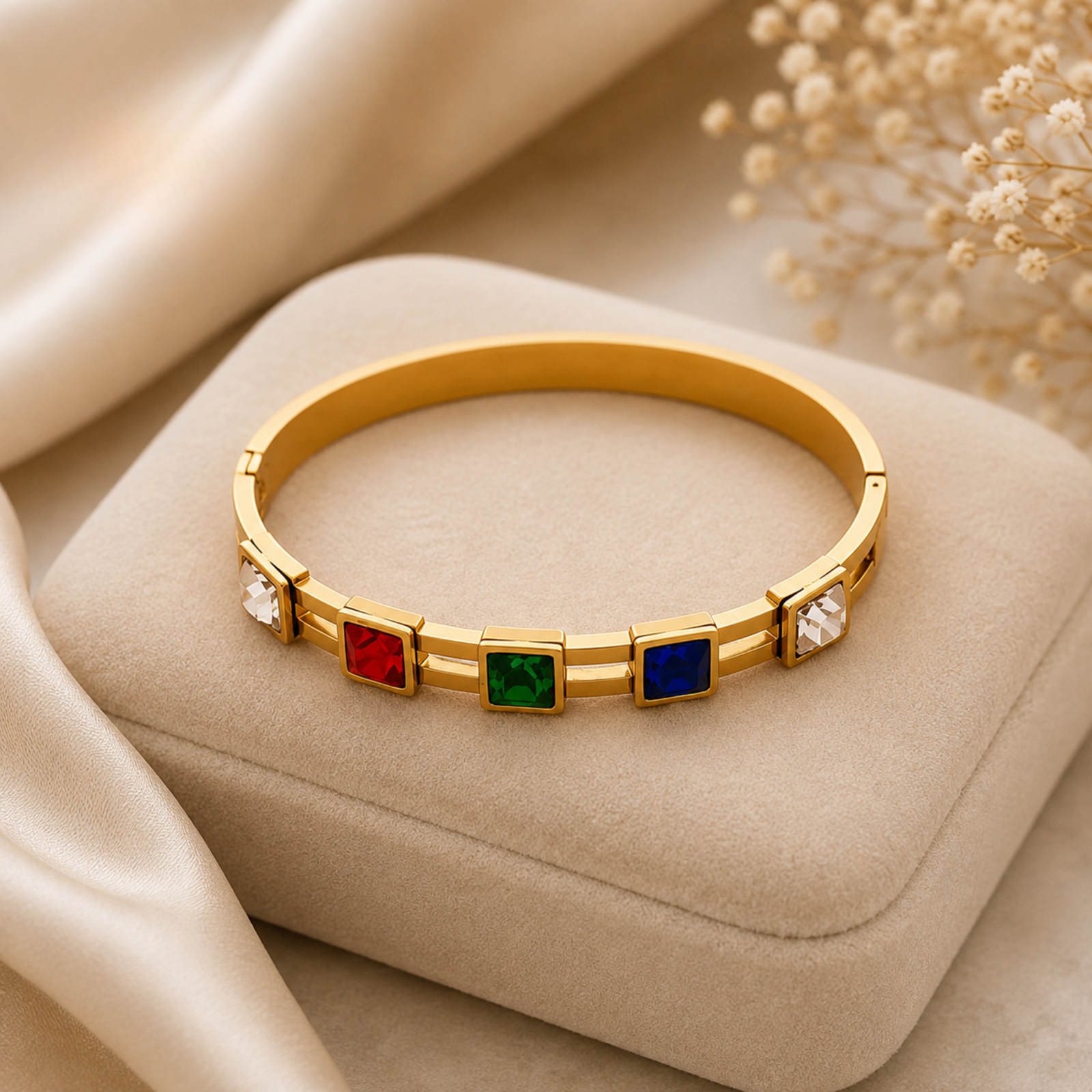 Multicolour Bangle ANVOR multicolour bangle with five triangular purple, green, red, pink and clear details