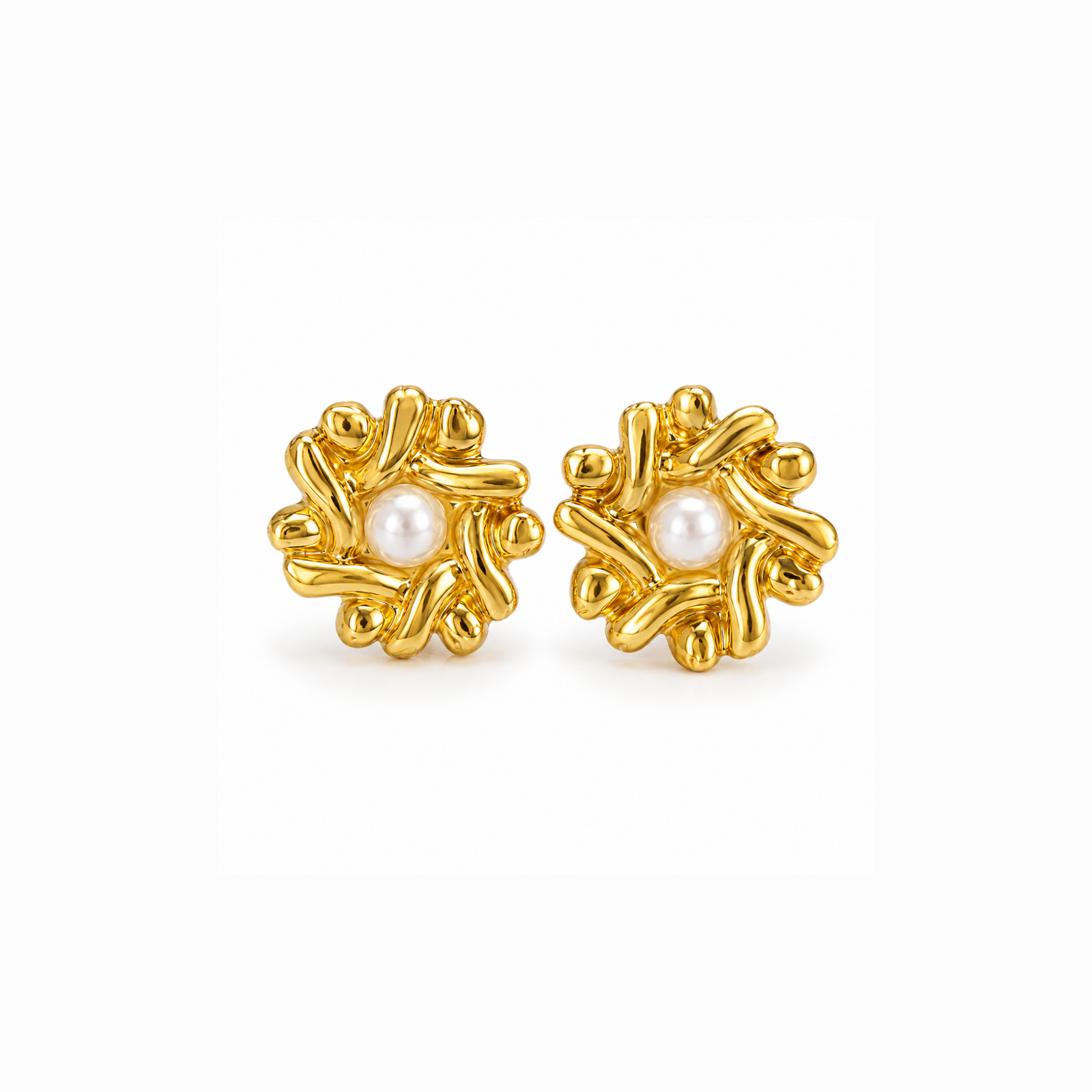 pearl stud earrings ANVOR pearl stud earrings with sculptural floral design and white pearl-like centre