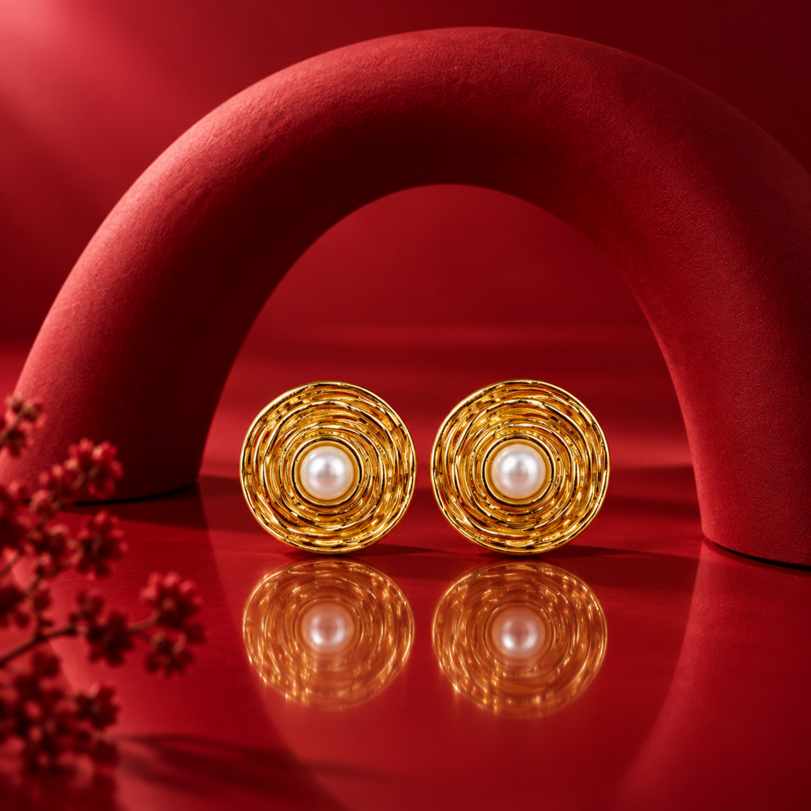 anvor-pearl-stud-earrings.webp ANVOR pearl stud earrings with round pearl-look centres and layered circular detailing