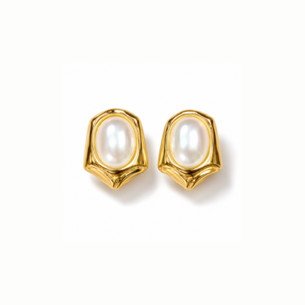 ANVOR pearl stud earrings with oval pearl-look centres and sculpted gold-finish frames