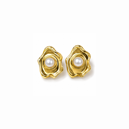 Pair of gold-coloured earrings with smooth white pearl-like centres and sculpted wavy frames on a white background.