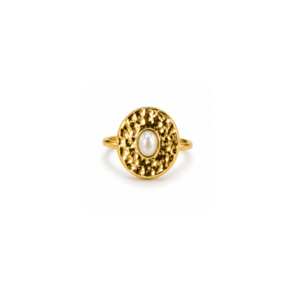 Gold-coloured oval ring with a textured frame and smooth white centre detail on a white background.