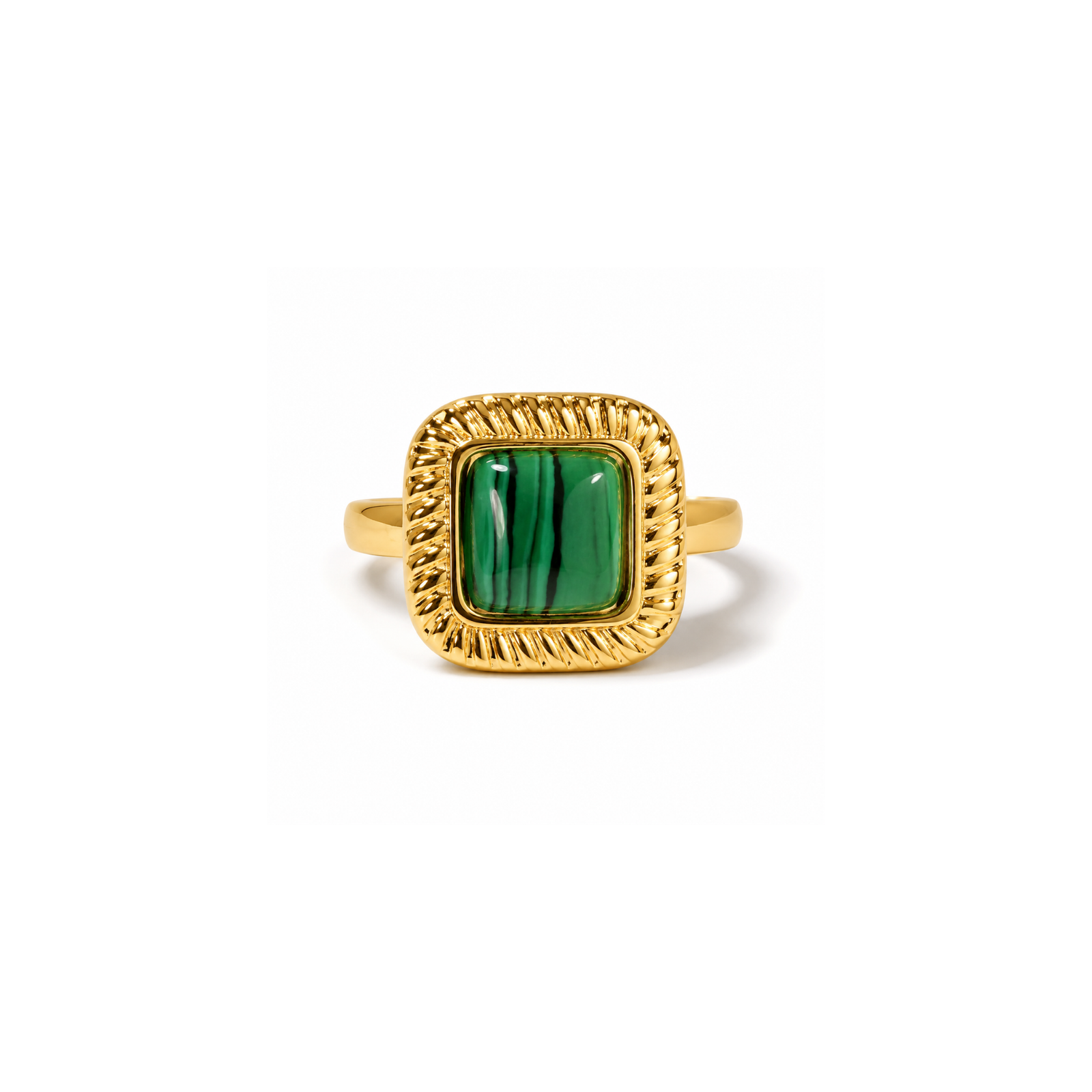 square-statement-ring-anvor.webp ANVOR square statement ring featuring a green centre and detailed textured frame
