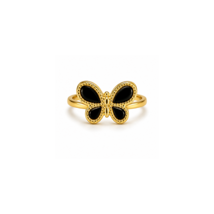 ANVOR black butterfly ring with four black wings and beaded gold-tone detailing