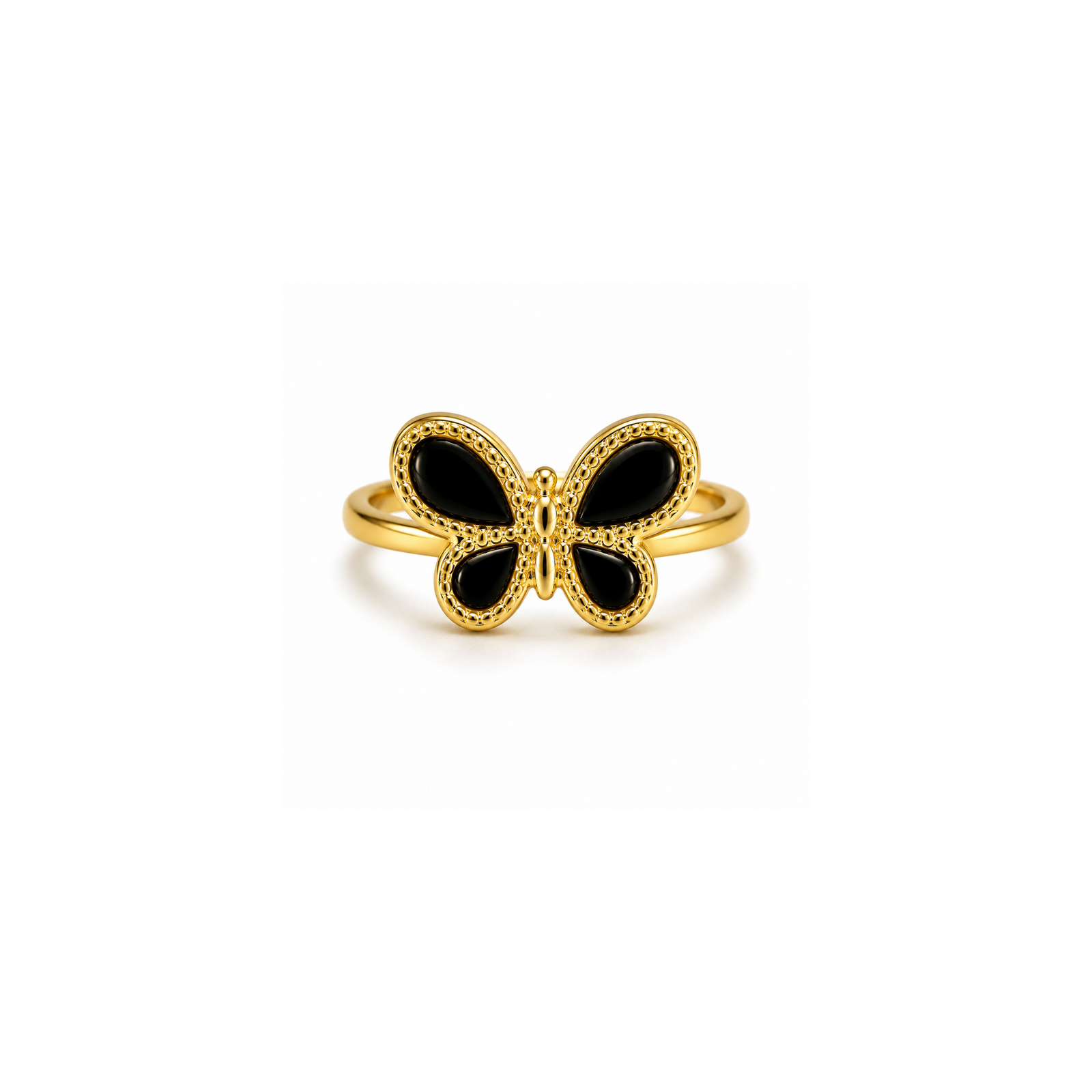 anvor-mariposa-black-butterfly-ring.webp ANVOR black butterfly ring with four black wings and beaded gold-tone detailing