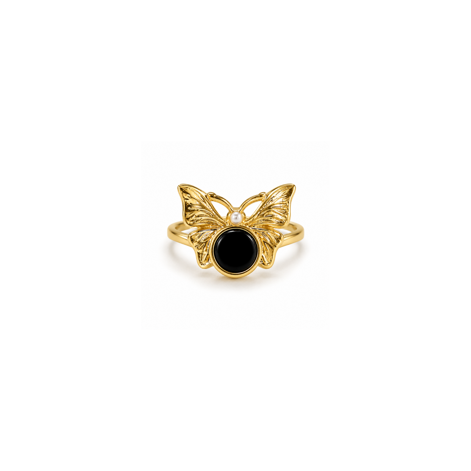 Noir Butterfly Ring Gold-coloured butterfly ring with detailed wings, a round black centre and small white accent on a white background.
