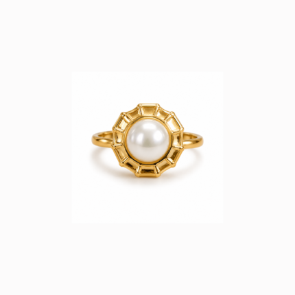 Gold-coloured ring with a smooth white round centre detail and decorative geometric halo frame on a white background.