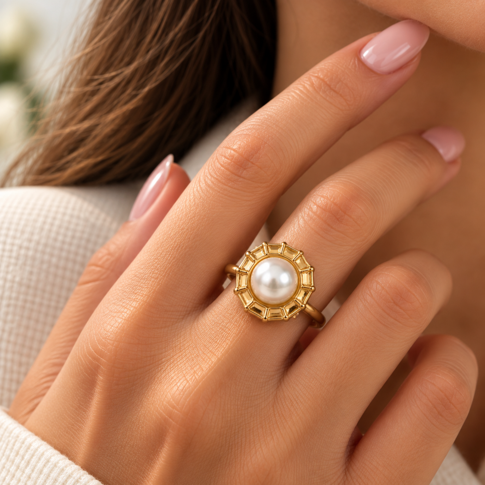 Pearl Halo Ring Gold-coloured ring with a smooth white round centre detail and decorative geometric halo frame on a white background.