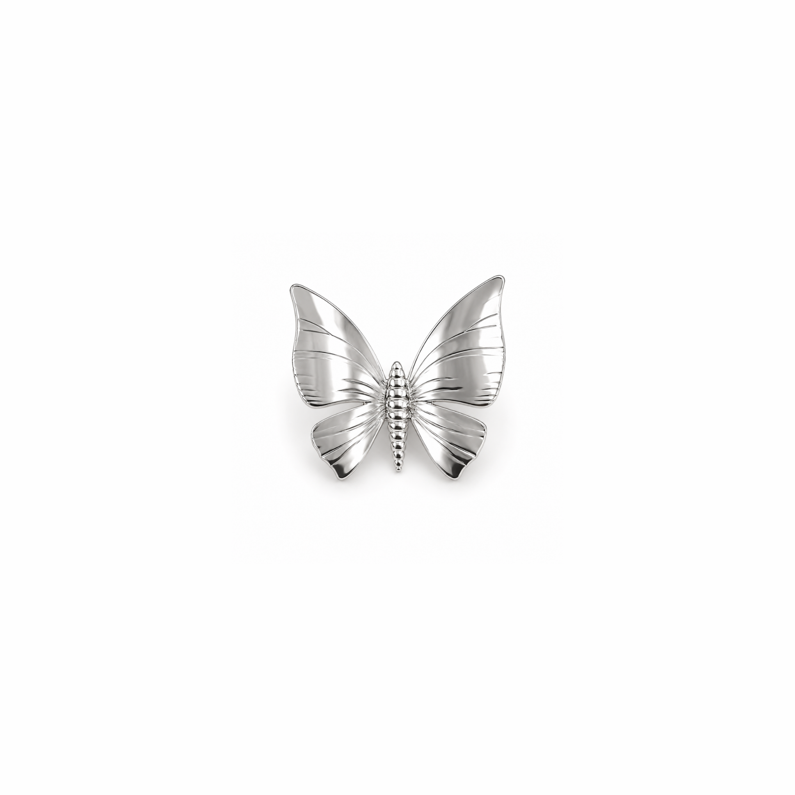 Silver Butterfly Ring Silver-coloured butterfly ring with detailed sculpted wings and a textured central body on a white background.