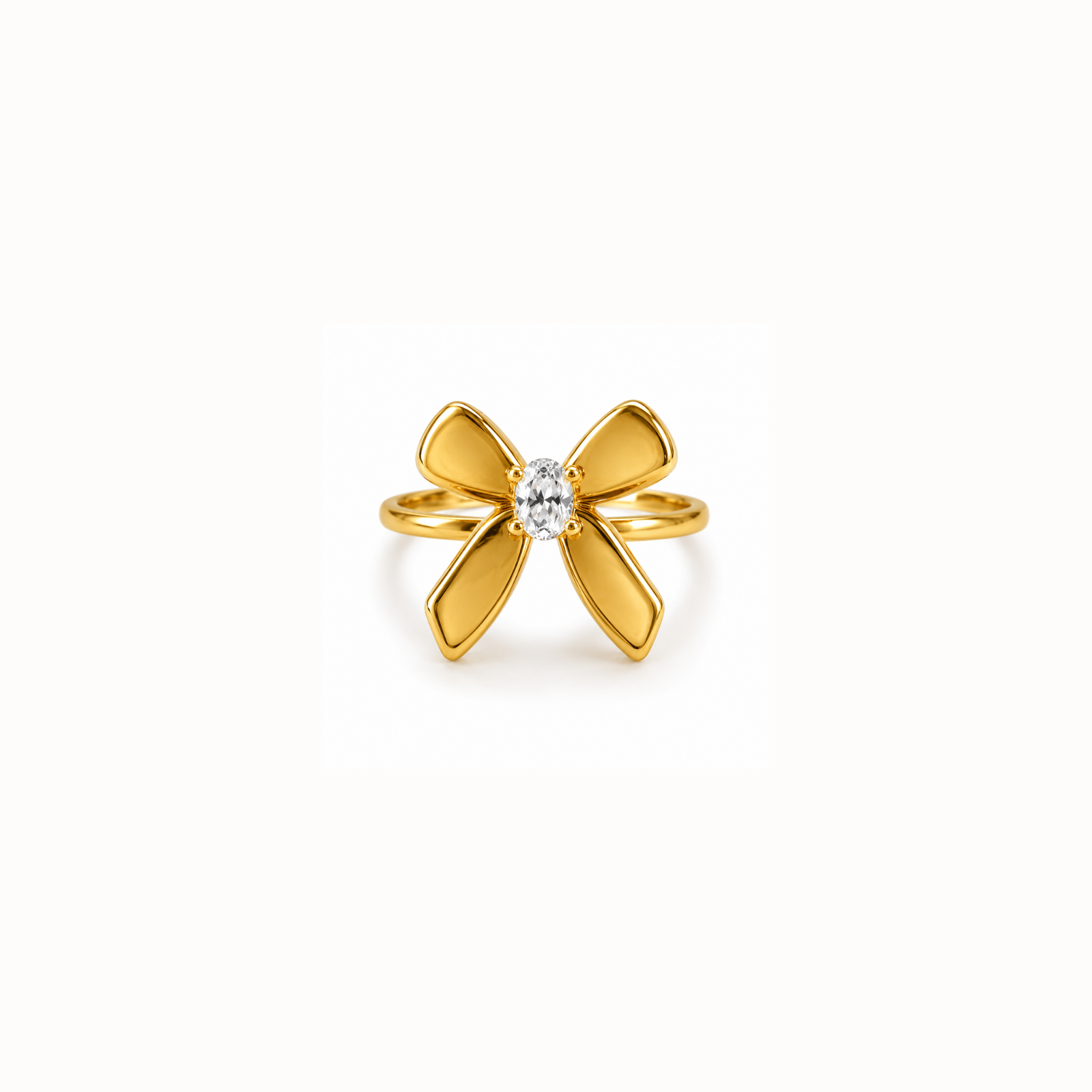 Flower Bloom Ring Gold-coloured flower ring with four curved petals surrounding a clear faceted centre stone on a white background.