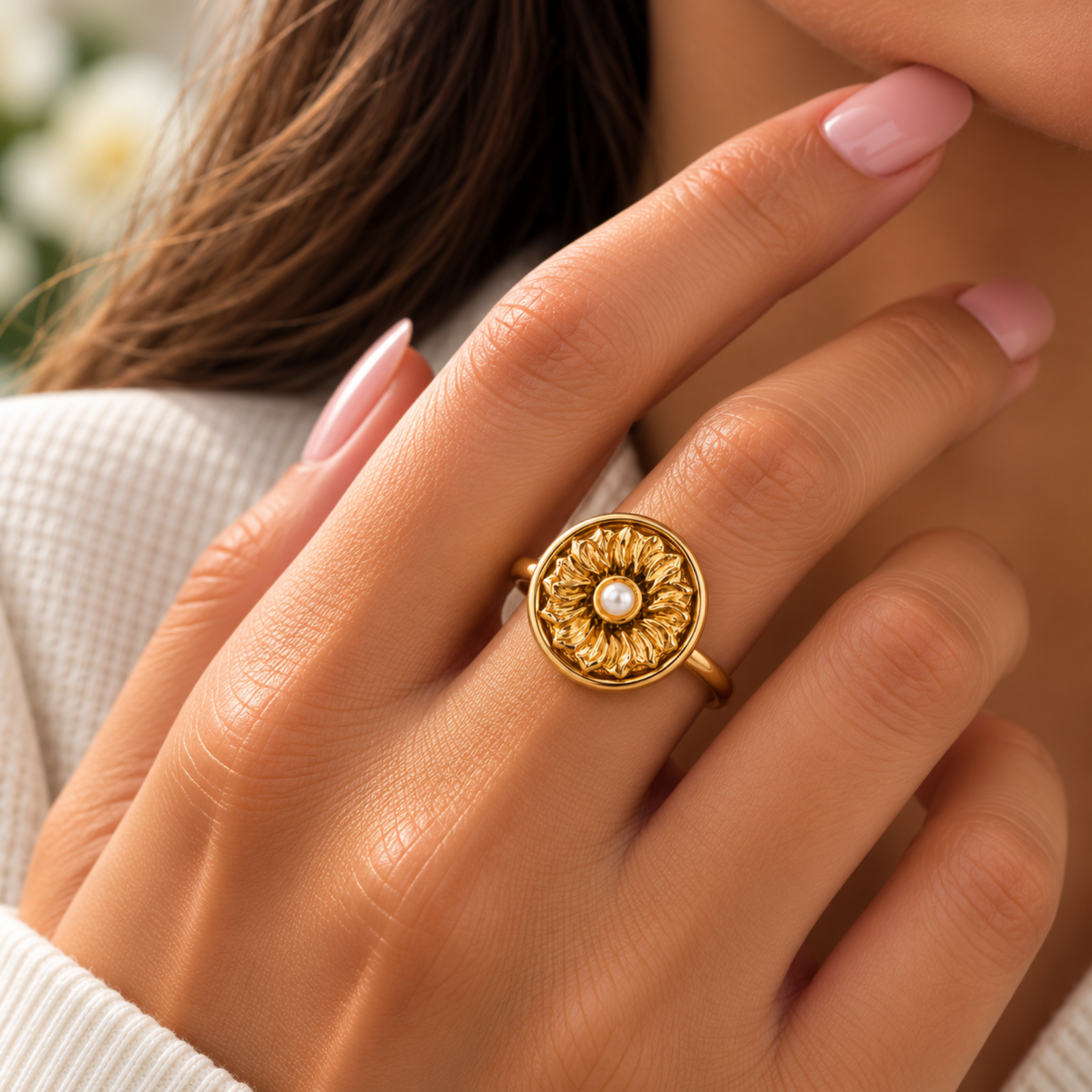 anvor-aurelia-pearl-flower-ring.webp ANVOR pearl flower ring with sculptural gold-tone petals and white pearl-like centre
