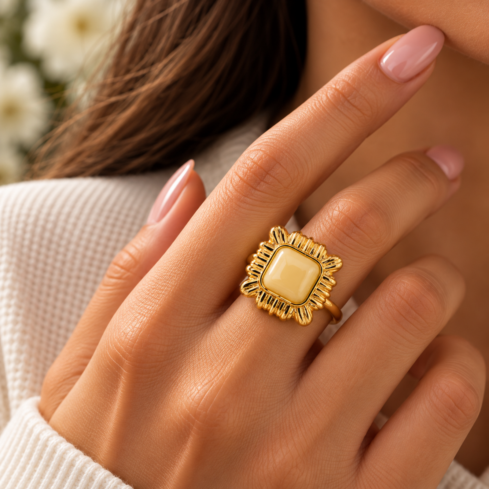 Beautiful Gold Coloured Square Statement Ring Gold-coloured square statement ring with a rounded pale yellow centre and ornate ridged decorative frame on a white background.