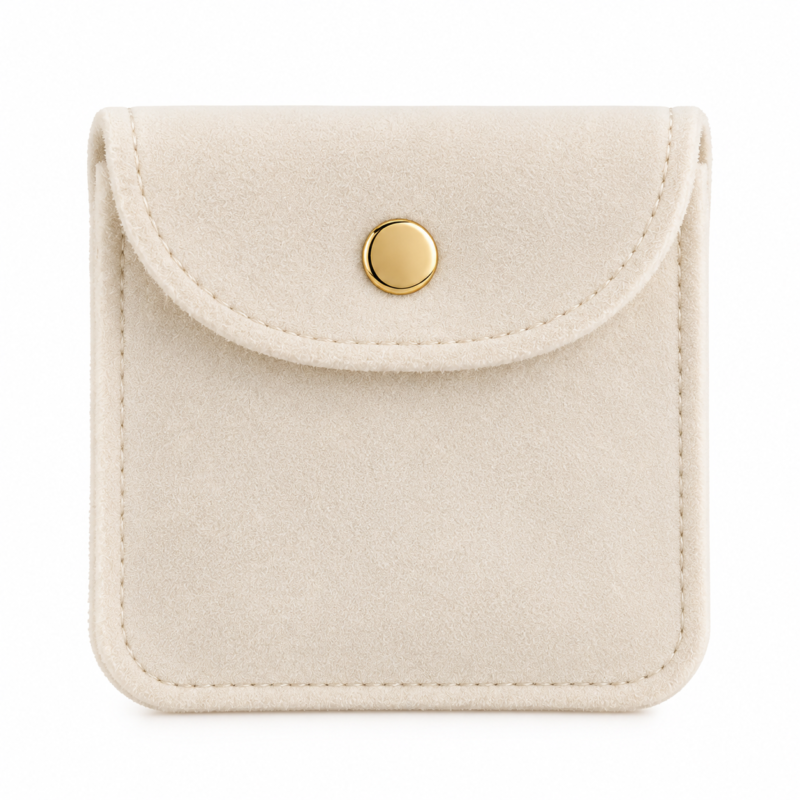 Cream-coloured 8 × 8 cm jewellery pouch with a rounded flap and gold-coloured snap closure.