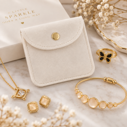 Cream-coloured 8 × 8 cm jewellery pouch with a rounded flap and gold-coloured snap closure.
